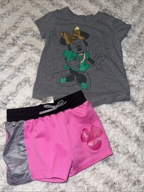 3T Girls Minnie Mouse Grey Tee & Pink Athletic Shorts Set